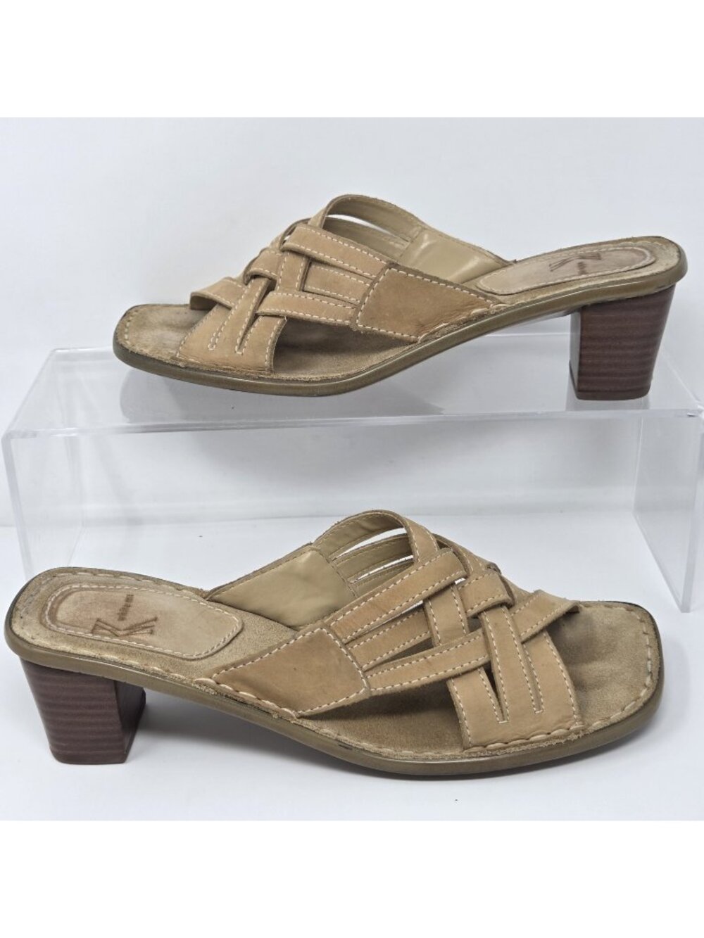 WHITE MOUNTAIN Tan Leather Block Heel Aruba Slides Sandals Womens 9 Coastal Boho